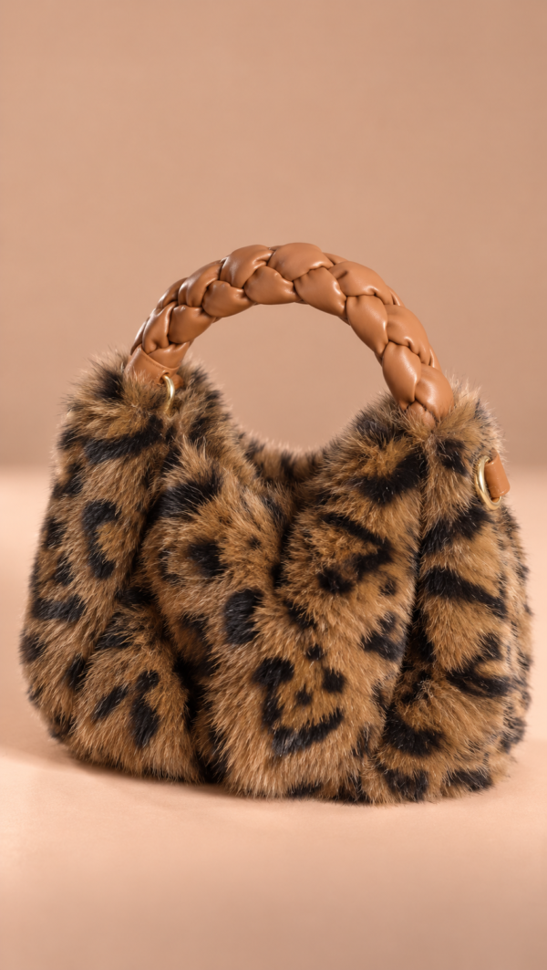 borsa in pelliccia leopardata con manico intrecciato borsa in pelliccia leopardata con manico intrecciato