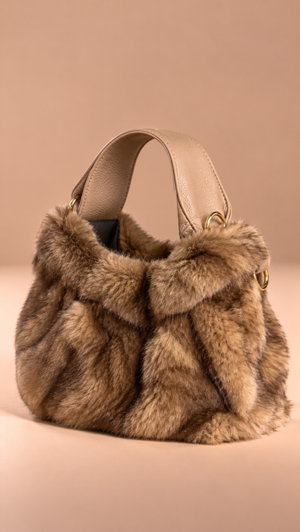 borsa in pelliccia marrone con dettagli dorati