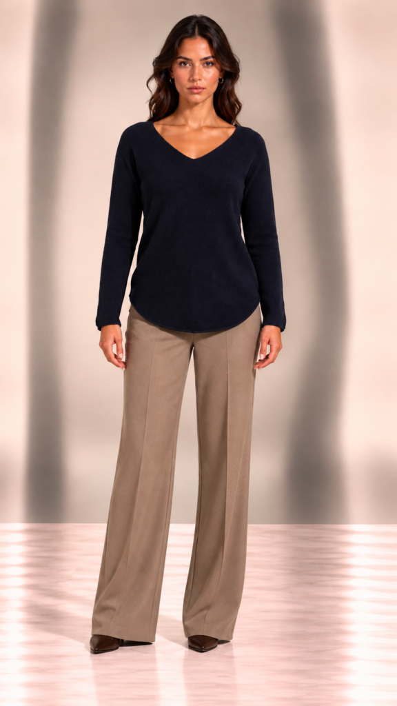 ritratto moda con pantaloni sartoriali beige